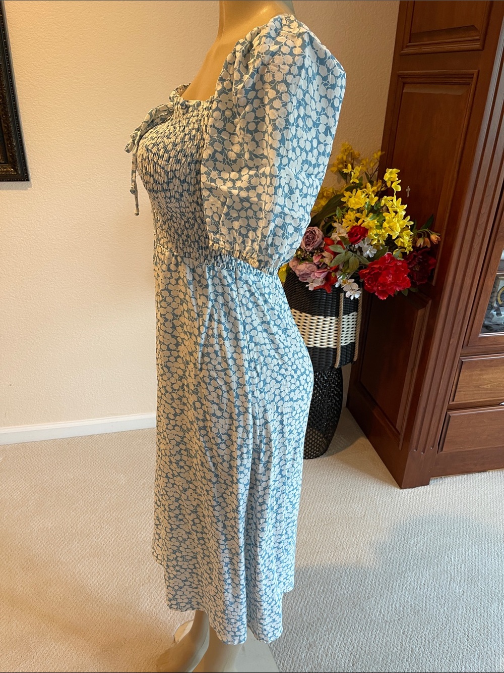 Faithfull the Brand Blue and Cream Floral Smocked Midi Dress - Picture 2 of 7